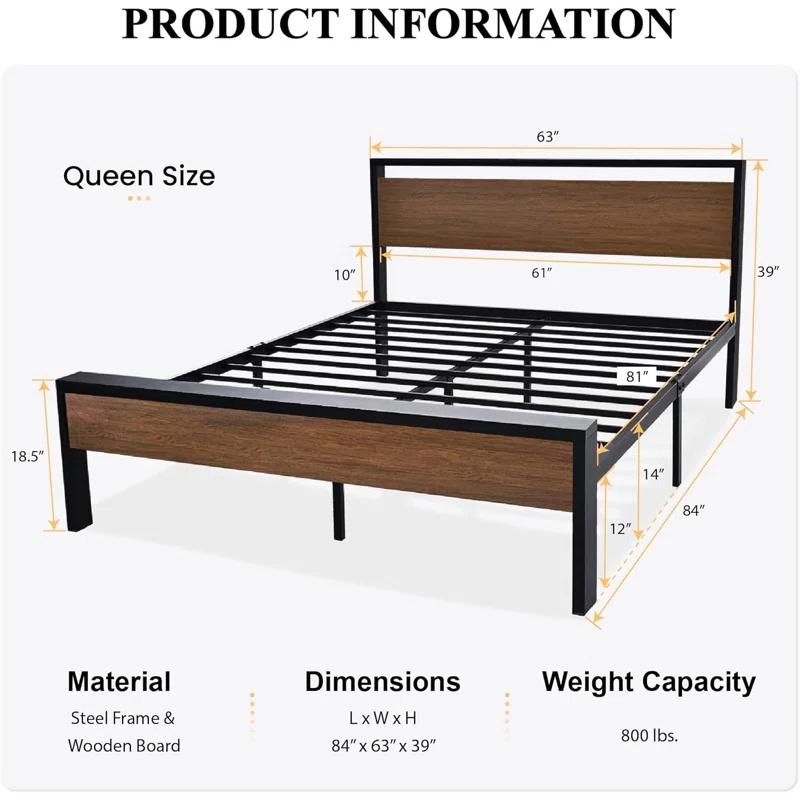 17 Stories 14 Inch Queen Size Metal Platform Bed Frame with Wooden Headboard and Footboard,No Box Spring Needed
