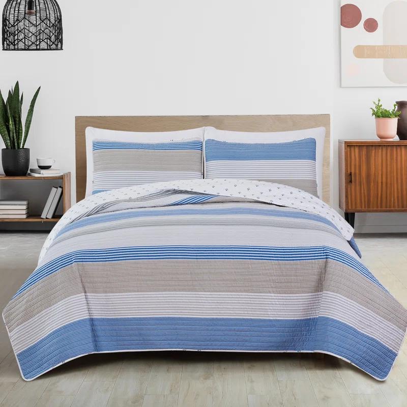 FreshFolds Blue / White / Grey Striped Reversible Quilt Set with Shams