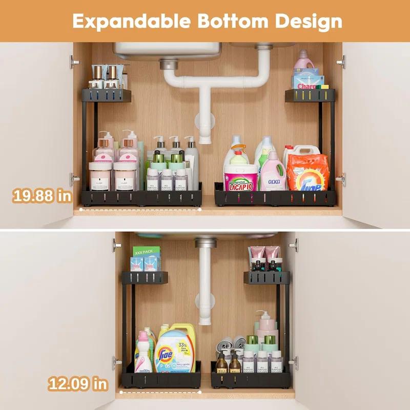 Rebrilliant Under Sink Organizer, 2 Tier Expandable Under Cabinet Organizer, Heights Adjustable Pull Out Storage For Kitchen Bathroom Laundry, Black, 1 Pack