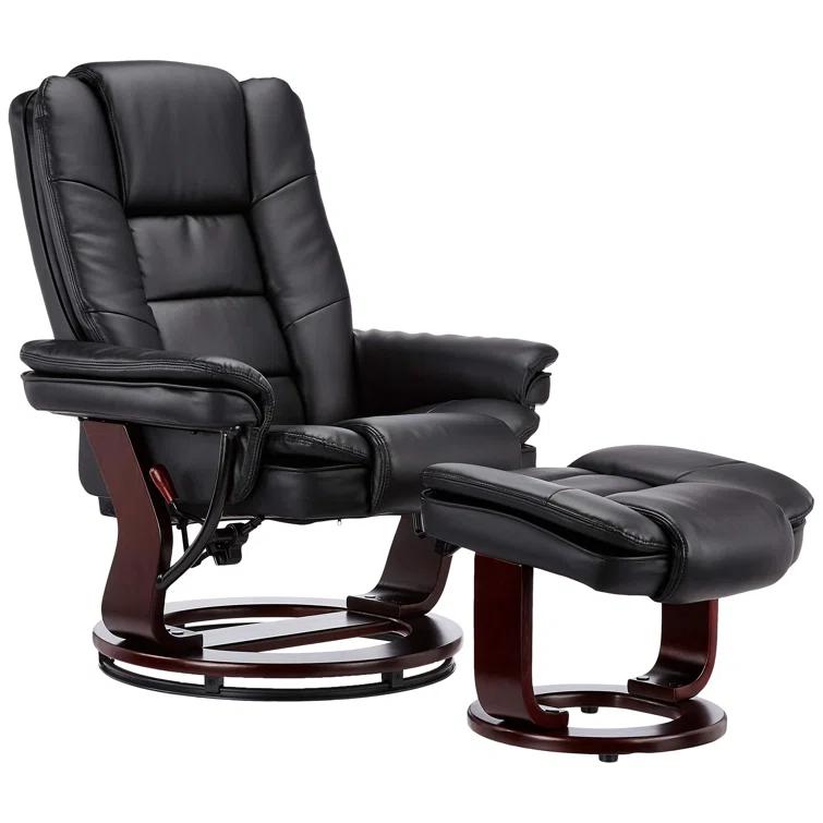 Snugway 32" Contemporary Leather Recliner and Ottoman with Swiveling Mahogany Wood Base