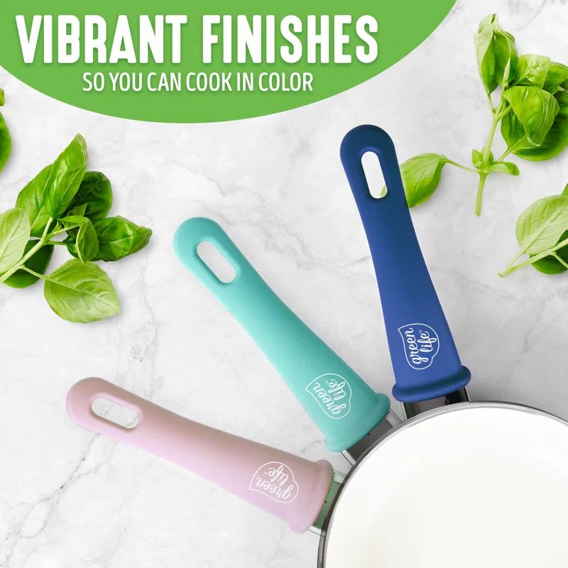 GreenLife GreenLife Soft Grip Healthy Ceramic Nonstick, 1QT And 2QT Saucepan Pot Set With Lids, Dishwasher Safe