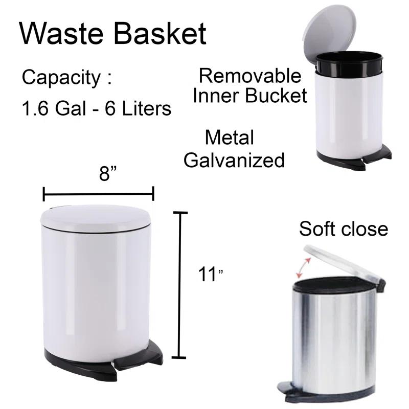 Evideco Soft Close Lid Round Metal Step on Trash Can Waste Basket  6-liters-1.6-gal.