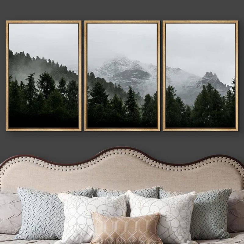 IDEA4WALL Misty Forest Landscape Mountain With Fog Natural Framed Canvas 3 Pieces Photograph Print Wall Art