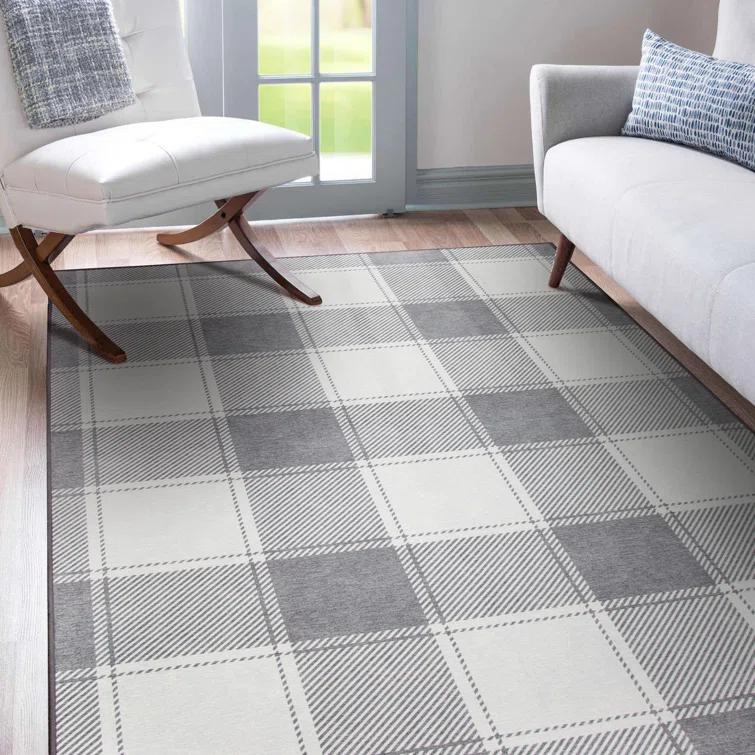 My Magic Carpet Buffalo Plaid Grey And White Plaid Flatweave Brown/Ivory Washable Area Rug | Wayfair