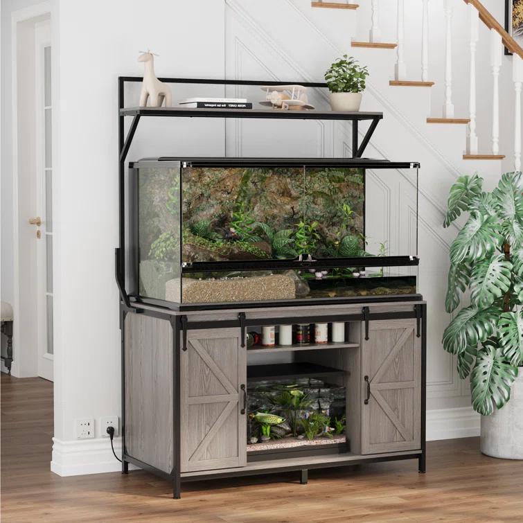 Gracie Oaks Siems Heavy Duty Aquarium Stand with Storage Cabinet, Farmhouse Reptile Tank Stand with Power Outlet, 48" X 24" Tabletop Fits up to 120 Gallon Bearded Dragon Tank, Fish Tank Turtle Terrarium Stand
