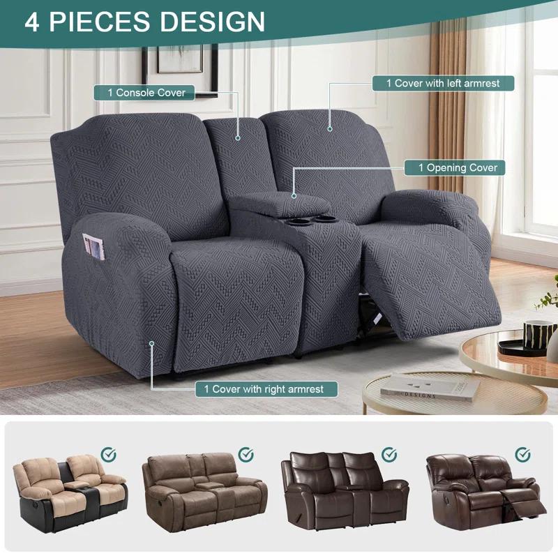 Latitude Run® Box Cushion Recliner Loveseat Slipcovers with Console, Stretch Anti-Slip Reclining Slipcover for 2 Cushion Couch with Pockets