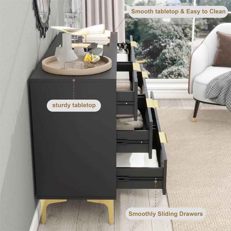 Gloriay Modern 6 Drawer Dresser For Bedroom, Wide Chest Of Drawers With Gold Metal Legs And Handles, Storage Organizer – Black