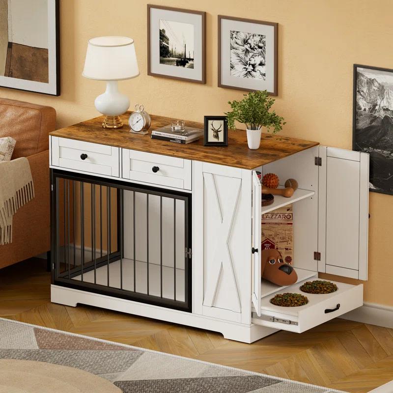 Tucker Murphy Pet™ Gladine Dog Crate Furniture Kennel with Double Doors, Wooden Pet House with 2 Drawers and Pet Feeder Station Storage Cabinet