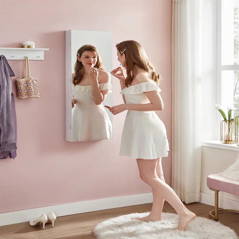 NIERBO Rustic Rectangular Wall-Mounted Jewelry Armoire With Built-In Lighted Mirror - Ultimate Jewelry Organizer For Women's Face Makeup - Perfect For Anniversary Gifts