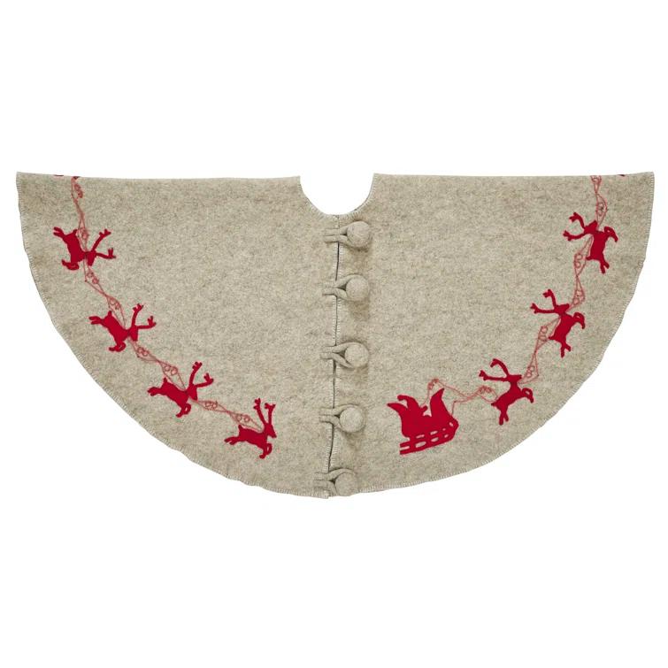 Arcadia Home Reindeer tree skirt- grey with red reindeer and cream whip stitch-72"