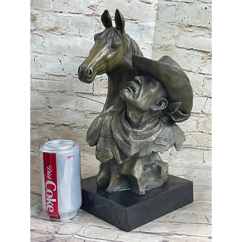 Canora Grey Thailan Western Art Old West Cowboy With Horse Bronze Bust Sculpture Marble Statue Decor