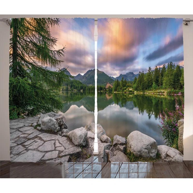 Ambesonne View with Tree on Lake Decor Graphic Print Semi-Sheer Rod Pocket Curtain Panels (Set of 2)