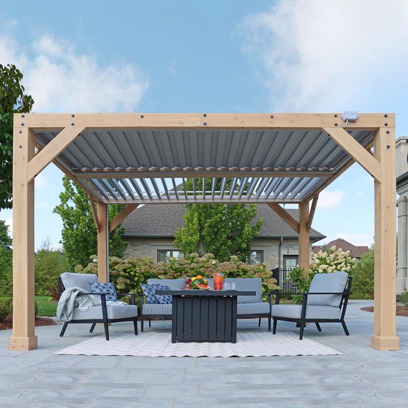 Yardistry 10' x 12' Meridian Louvered Pergola  Premium Cedar Wood Structure with Adjustable Aluminum Louvers and Built-In Gutter System for Outdoor Shade and Rain Protection