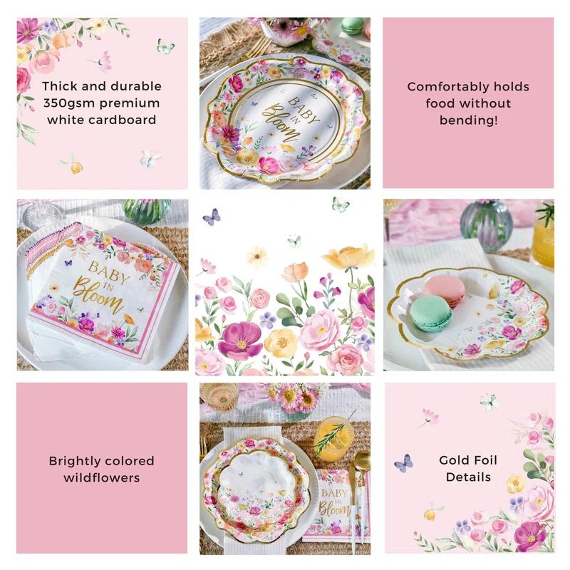 Kate Aspen Kate Aspen Baby in Bloom 62 Piece Party Tableware Set Baby Shower Party Decorations Plates & Napkins, Vibrant Floral Botanical (16 Guests)- Perfect for Greenery Baby Shower (Set of 62)
