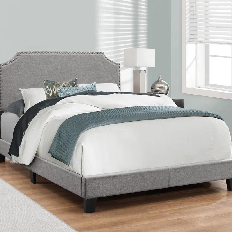 Winston Porter Bed, Bedroom, Upholstered, Grey Linen Look, Chrome Trim, Transitional