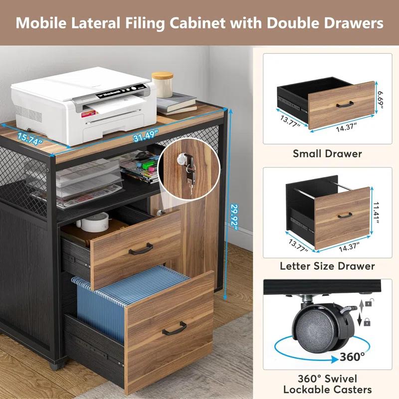 XDYZ 15.74"W X 29.92"H Mobile 2 Drawer File Cabinet With Doors