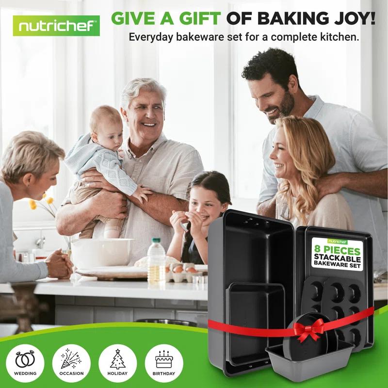 NutriChef 8-Piece Nonstick Stackable Bakeware Set - Pfoa, Pfos, Ptfe Free Baking Tray Set W/ Non-Stick Coating, 450°F Oven Safe, Round Cake, Loaf, Muffin, Wide/Square Pans, Cookie Sheet