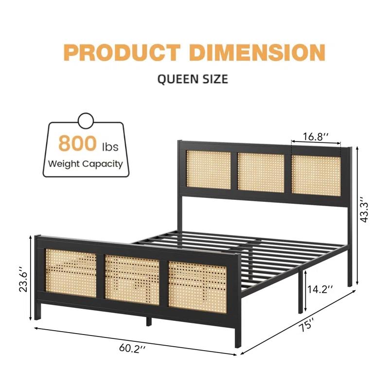 babevy Boho Cane Platform Bed Frame With Strong Metal Slat