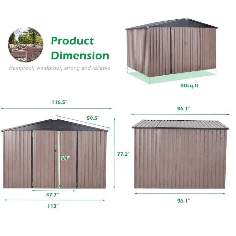 YODOLLA 10 ft. W x 8 ft. D Galvanized Steel Storage Shed