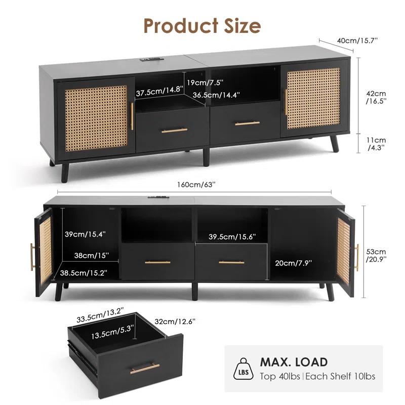 Bay Isle Home™ Heyer Large Wood Rattan TV Stand for TVs up to 75" with LED Light and Charging Station, Coastal Media Console Table, Multimedia Storage Furniture with 2 Drawers, Lighting TV Cabinet