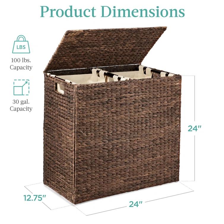 Bayou Breeze Large Water Hyacinth Double Laundry Hamper Basket w/ 2 Liner Bags, Handles