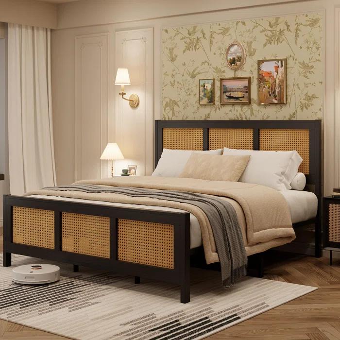 babevy Boho Cane Platform Bed Frame With Strong Metal Slat