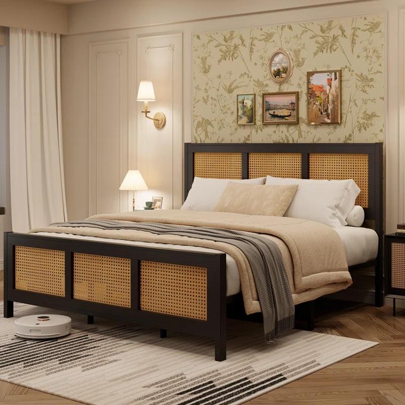 babevy Boho Cane Platform Bed Frame With Strong Metal Slat