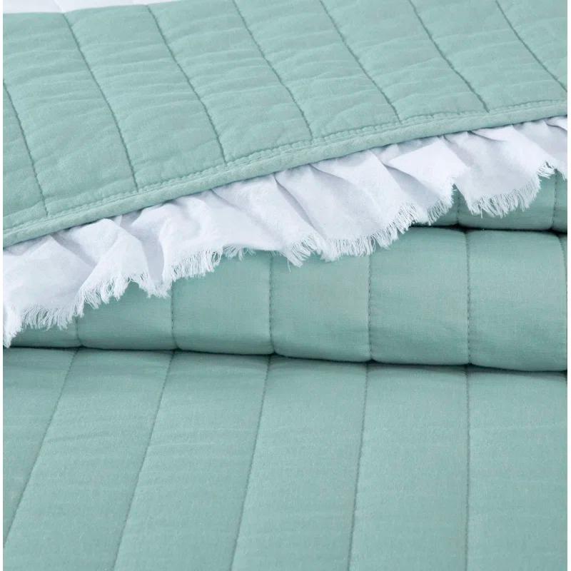 Chezmoi Collection Bonnie Double Frayed Ruffled Edge Cotton Quilt Set