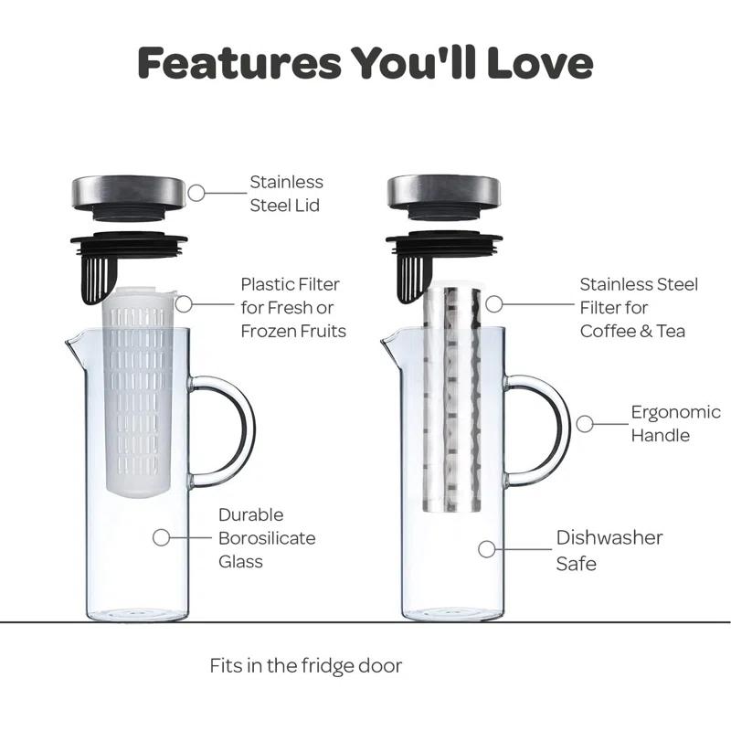 MODERN WALLS LLC B07WS8D4KF Cold Brew Coffee Maker - Large Glass Infusion Pitcher 1.6 Quarts 52Oz - Iced Coffee & Iced Tea Pitcher With Stainless Steel Lid & Fruit Infusion Tube - Perfect For Home Or Office