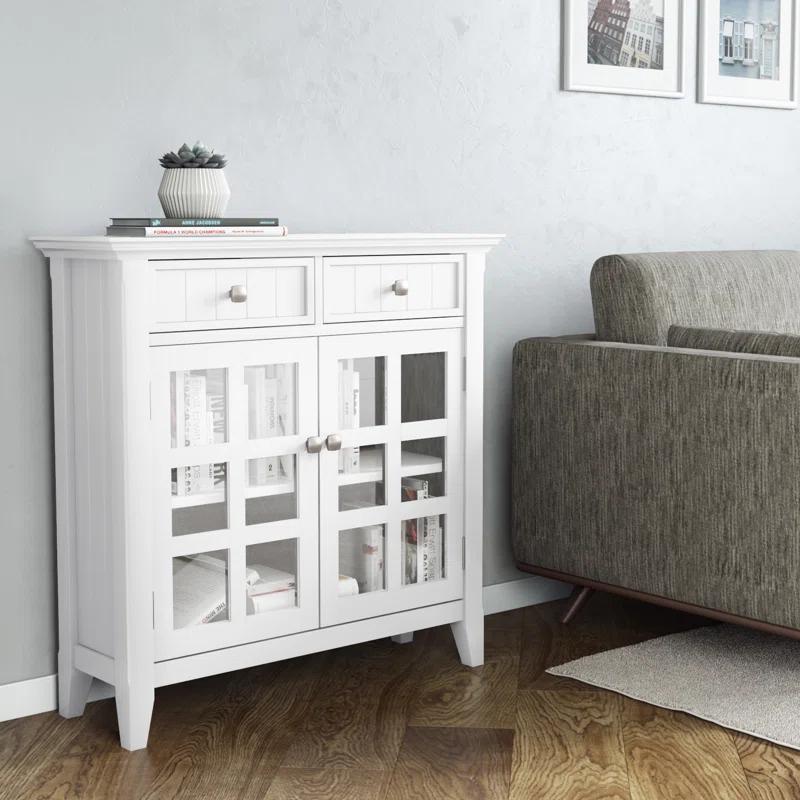 Simpli Home Acadian 36"W Solid Wood 2-Shelf Entryway Storage Cabinet with Glass Doors and 2 Drawers