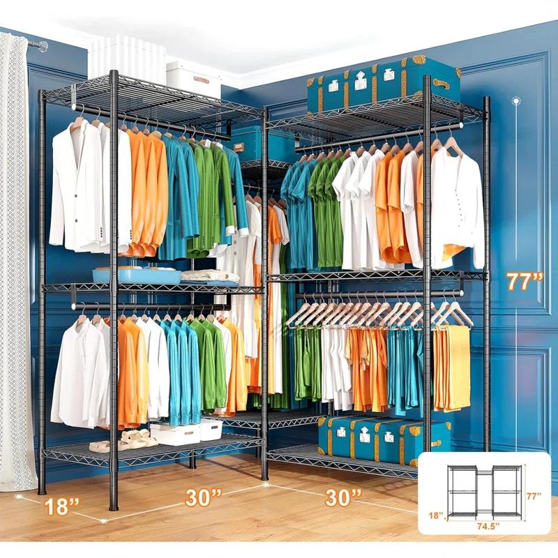 Rebrilliant Clothes Rack, 900LBS Heavy Duty Clothes Rack, Clothing Racks For Hanging Clothes, L Shaped Garment Rack For Corner Freestanding Wardrobe Closet Space Saver 74.5" W X 18" D X 77" H, Black