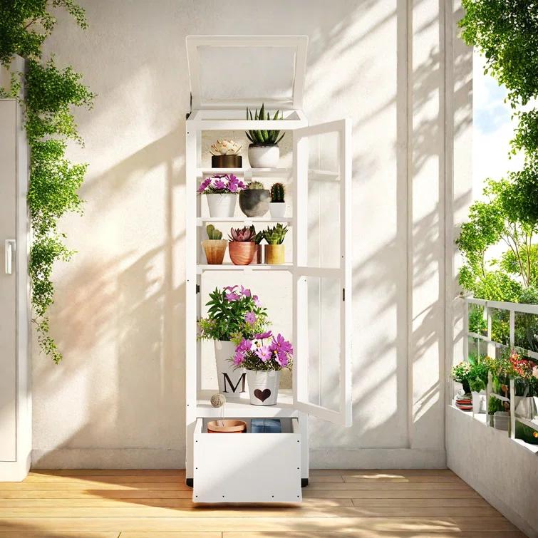 mosaicmotifco Wood Garden Greenhouse Balcony Portable Mini Cold Frame With Movable Storage Box, Adjustable Shelves And 1 Drawer
