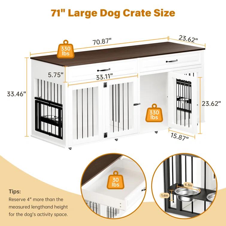 Tucker Murphy Pet™ 71" Large Dog Crate Furniture Style W/2 Drawers  & Reversible Food Bowls, 8 360° Lockable Wheels