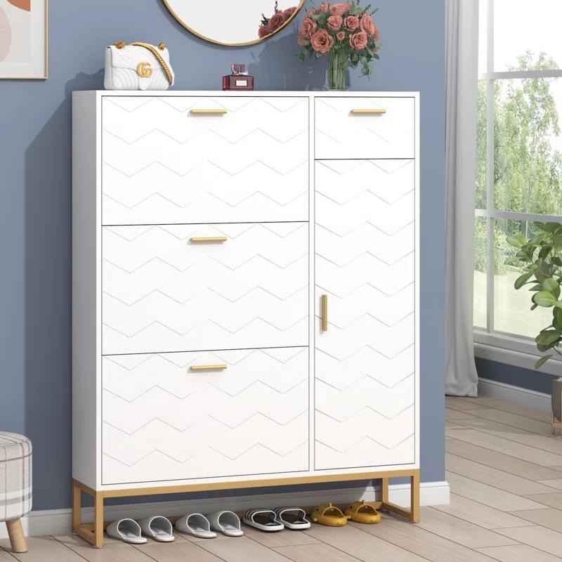 Everly Quinn Shoe Storage Cabinet, Free Standing Shoe Organizer with 3 Flip Drawers and Side Cabinet