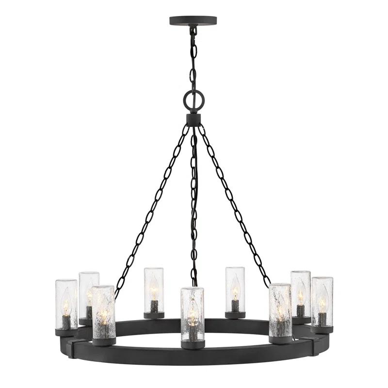 Hinkley Sawyer 30" Nine-Light Outdoor Candle Chandelier w/ Clear Seedy Glass Shades