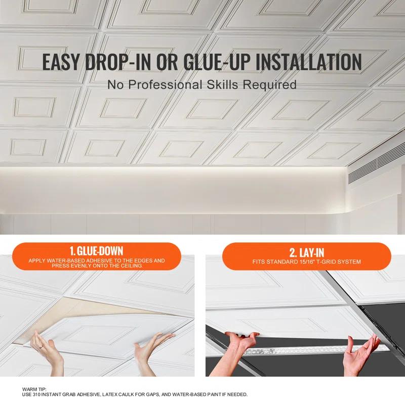 VEVOR Ceiling Tiles 12-Pack 24 x 24 in PVC Easy Installation White Geometric (Set of 12)