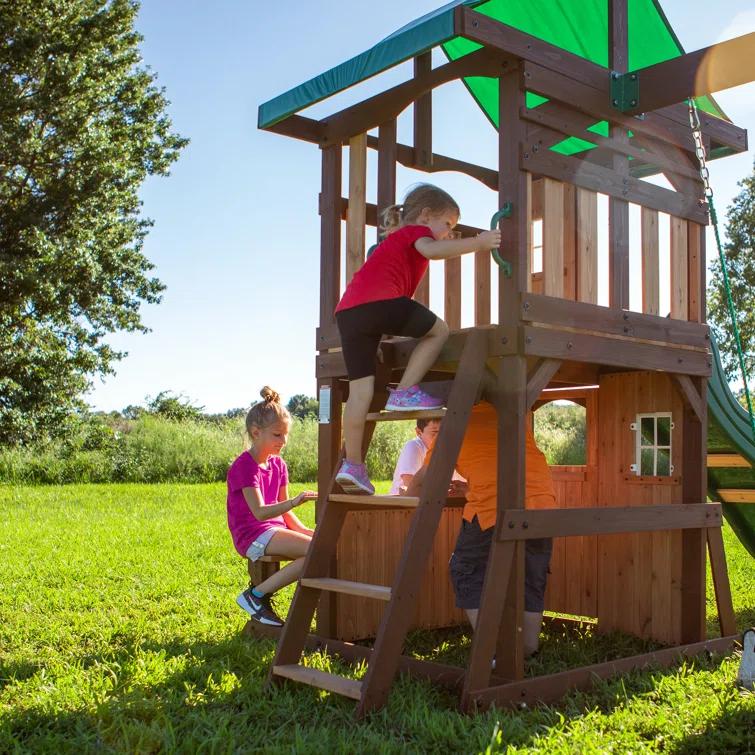 Backyard Discovery Backyard Discovery Lakewood Cedar Wood Swing Set with Wave Slide, Clubhouse, Playhouse, and Snack Bar Window