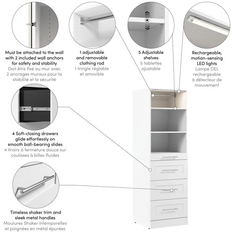 Bestar Florence Modular Walk-In Closet System Tower With LED Light, Shelves And 4 Drawers, Shaker Style