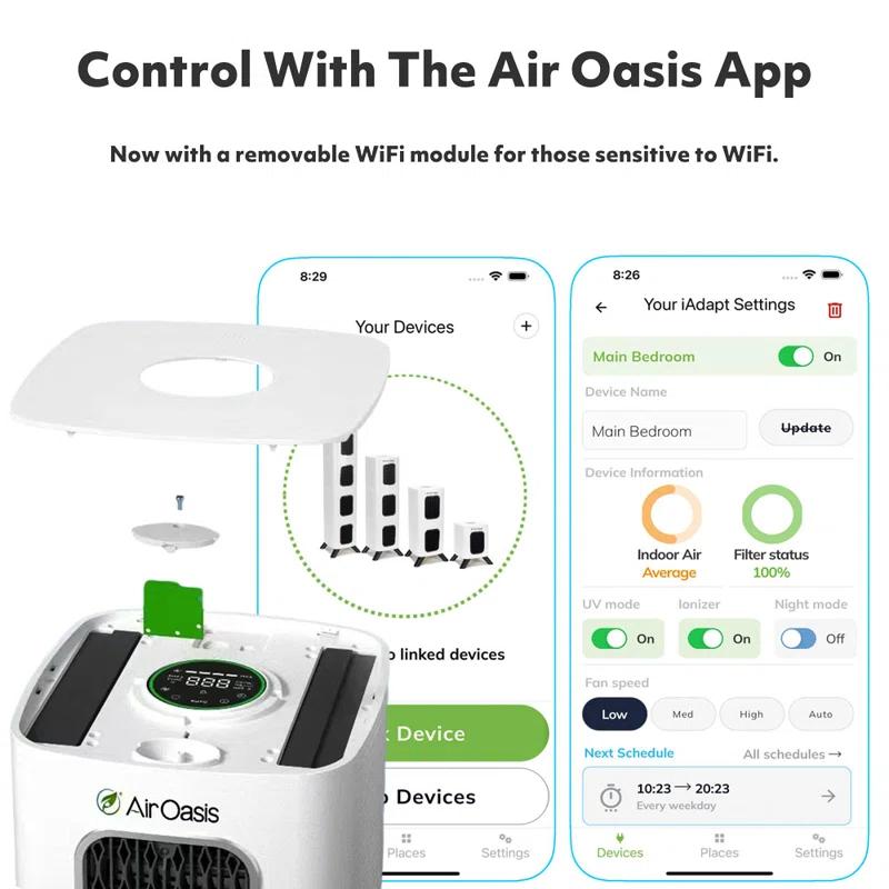 Air Oasis Air Oasis iAdaptAir 2.0 Small – 1,325 Sq Ft Coverage, 5-in-1 Purification, With 177 CFM