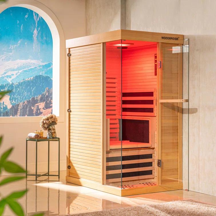 WoodBridge 1 Person Indoor Bluetooth Compatible FAR Infrared Sauna in Canadian Hemlock, Touch-Tone Keypad, LED Therapy Light