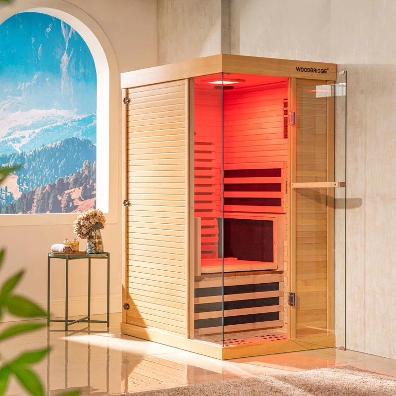 WoodBridge 1 Person Indoor Bluetooth Compatible FAR Infrared Sauna in Canadian Hemlock, Touch-Tone Keypad, LED Therapy Light