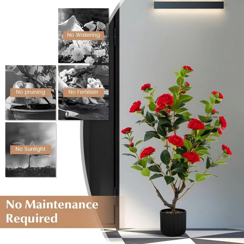 Primrue 38 In. Faux Camellia Tree In Pot Decorative Plant Indoor/Outdoor