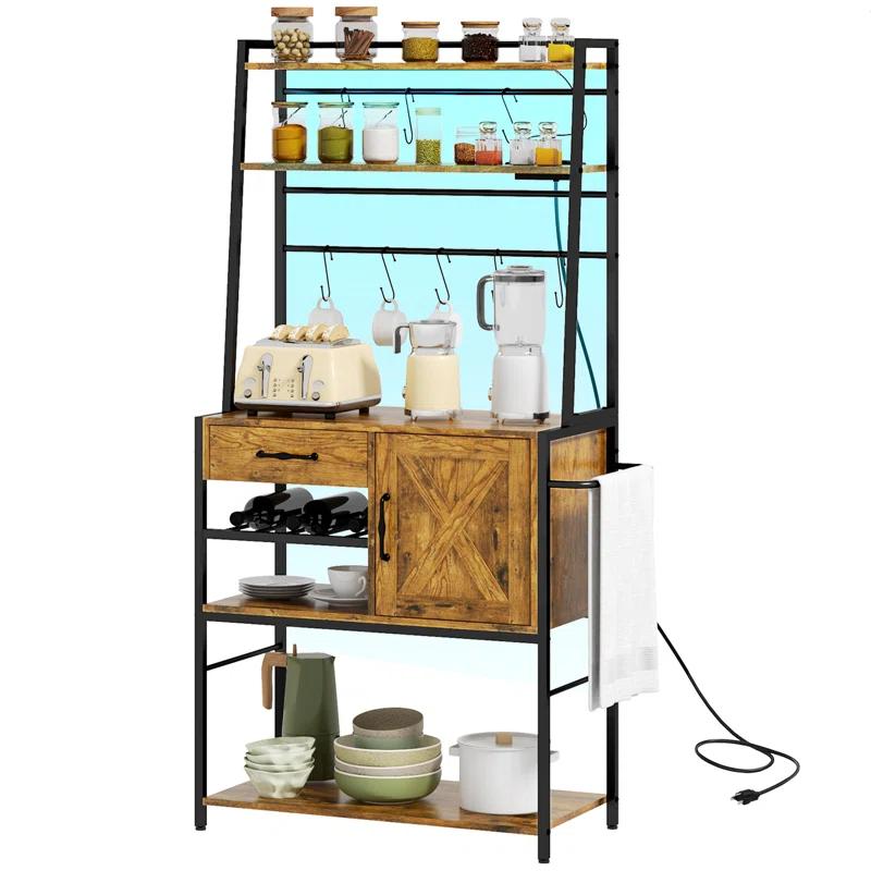 17 Stories Baker's Rack With Power Outlet And LED Lights Bar With Storage Shelves,Industrial Microwave Stand With Wine Bottle Rack,Drawer,Barn Door Cabinet