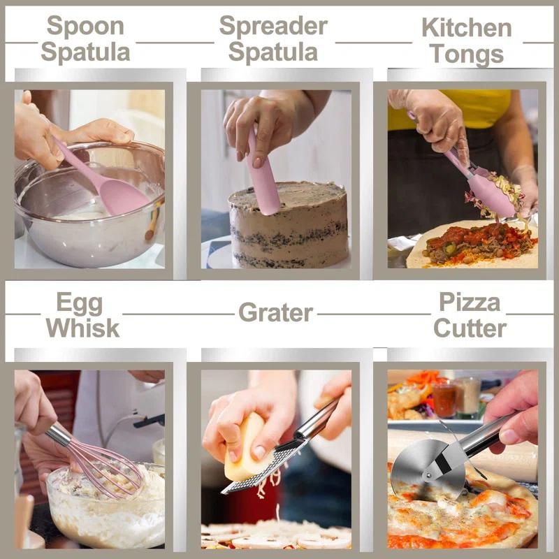 shuoli Silicone Cooking Kitchen Utensil Set, 43 Pcs Pink Cooking Utensils Set, Turner, Tongs, Spoon, Spatula, Kitchen Gadgets Tools Set For Nonstick Cookware, Heat Resistant (Dishwasher, BPA Free)