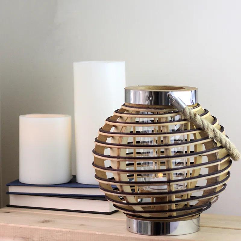 Northlight Seasonal 9.5" Rustic Chic Round Rattan Decorative Candle Holder Lantern with Jute Handle
