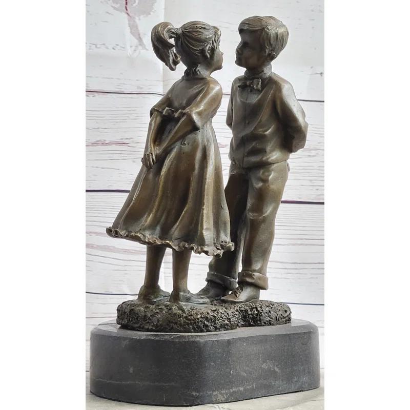 Canora Grey Tarrie First Kiss Love Romance Children Bronze Sculpture Figure On Heart Shaped Marble Base