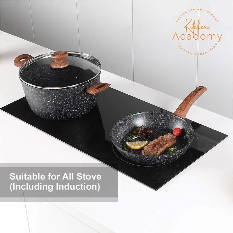 BN-LINKKL Kitchen Academy Induction Cookware Sets - 12 Piece Cooking Pan Set, Granite Black Nonstick Pots And Pans Set