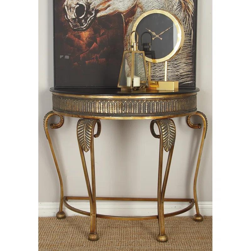 Alcott Hill® Gold Metal Leaf Embossed Living Room Console Table with Ornate Scroll Legs, 41" x 19" x 33"