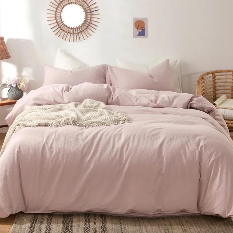 MOOMEE 100% Washed Cotton Linen Like Textured Duvet Cover Set