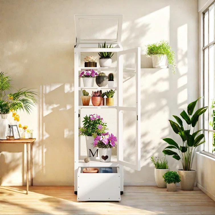 mosaicmotifco Wood Garden Greenhouse Balcony Portable Mini Cold Frame With Movable Storage Box, Adjustable Shelves And 1 Drawer